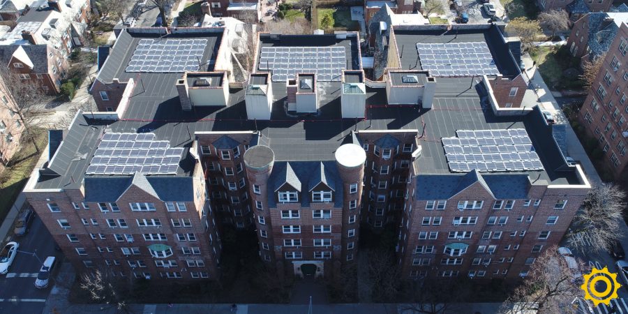 SOlar panels on top of Griswold Hall, Co-op building in New York City.