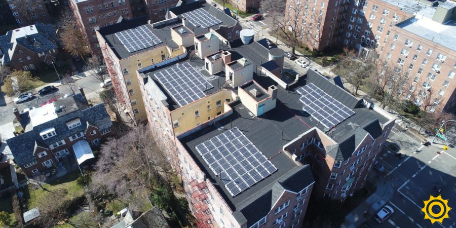 A ballasted solar system on a co-op building in Jackson Heights, New York City.