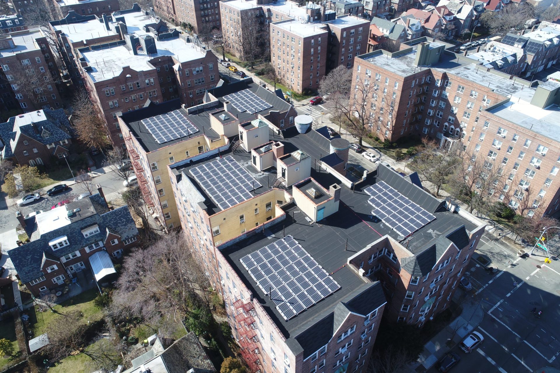 A solar panel system on a co-op building in Queens.