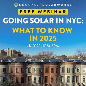 Row of historic Brooklyn Brownstones with solar panel racks on the roof.