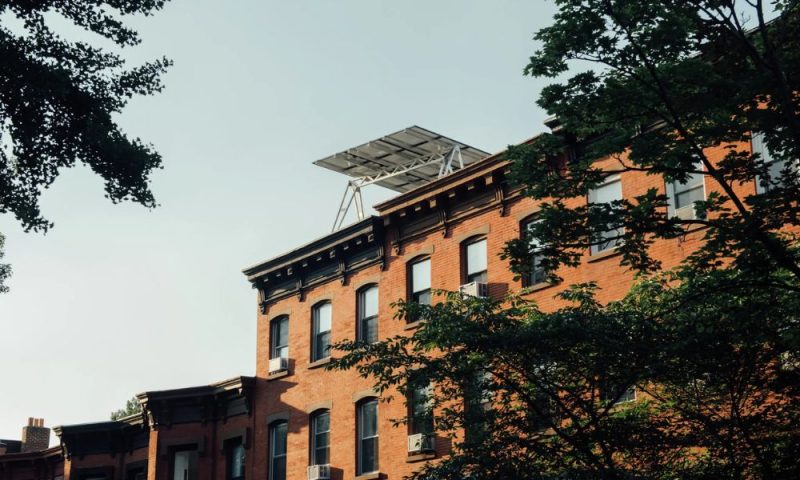 Solar canopy seen from street-level