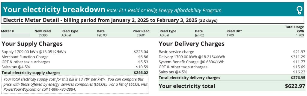 Con Edison electric bill showcasing costs before customer installed solar
