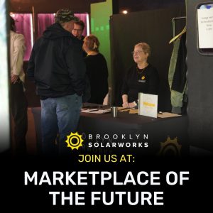 person talking to brooklyn solarworks team member at a booth