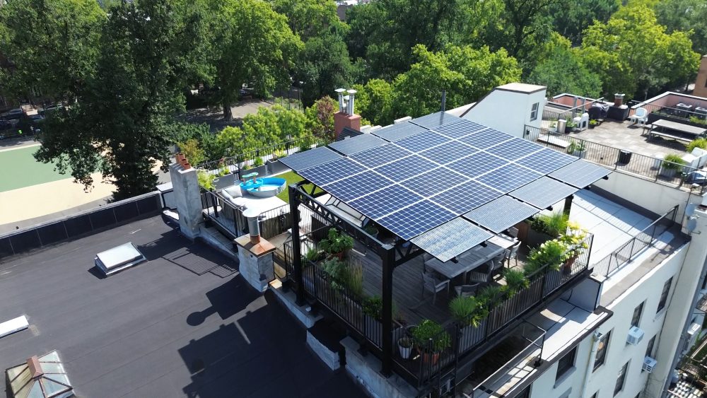 aerial view of rooftop solar panels